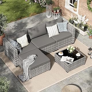 Amopatio Rattan Gartenmöbel-Set, Poly Rattan Sitzgruppe Couch 5 Teilig mit 3er Sofa, Sessel, Kis…