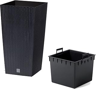 Prosperplast Blumentopf in Rattan-Optik Pflanzkübel mit Einsatz | 26,5 x 26,5 x 50 cm | anthrazi…